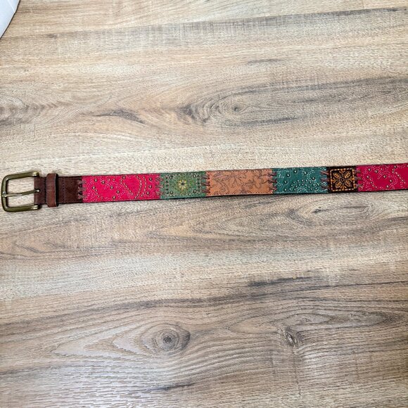 Fossil Leather Patchwork Belt Boho Multicolor  Funky Festival - Picture 3 of 8